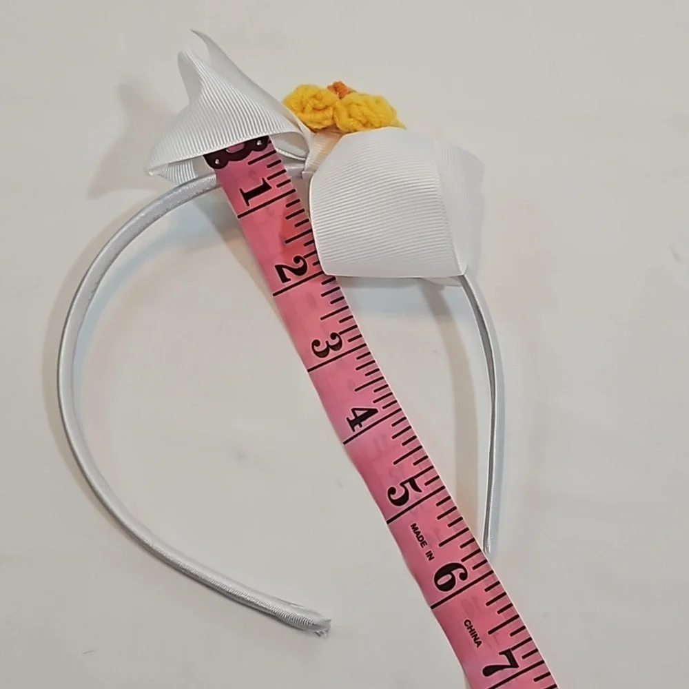 Hand Crafted White Bow Hairband Hand Knit Crochet Yellow Puffy Flower Coquette